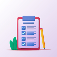 3d icon Checklist on a clipboard paper with pencil. Successful completion of list business tasks report
