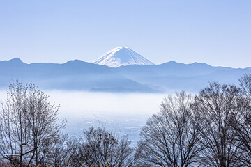笛吹川フルーツ公園から見た朝霧と富士山