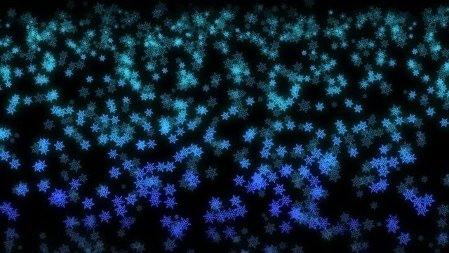 Farbenfrohe Schneeflocken (Schneekristalle) rieseln vom Himmel - 3D Animation mit grafischen Elementen