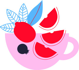 Fruit tea vector. Abstract icon raspberries, tea cup.Tea, berries, fruit. Drink lover concept. Funny colored typography poster, apparel print design, bar menu decoration. Isolated. EPS 10.
