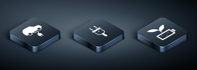 Naklejka premium Set Isometric Electric car, Eco nature leaf battery and plug icon. Vector