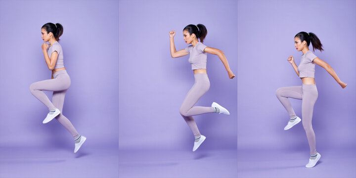 Full length Asian slim Fitness woman exercise warm up stretch spring jumps legs, peri purple