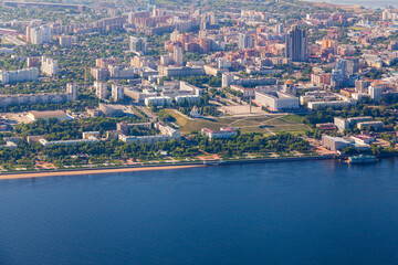View of the city of Samar from the Volga, the monument of glory, the square of glory, the house of the government. Aerial photo.. Samara, Russia.