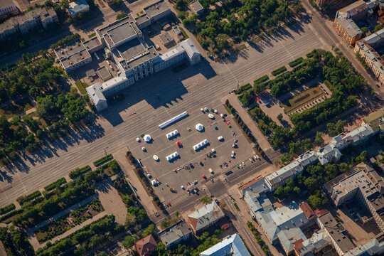 The main square of the city of Samara. Kuibyshev square. Aerial photo. Samara, Russia.