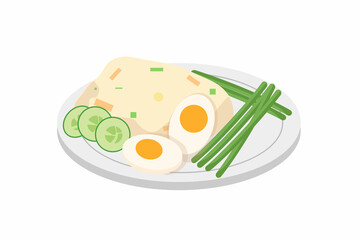 Asian rice with egg and herbs. Food on the festive table. Vector cartoon illustration.