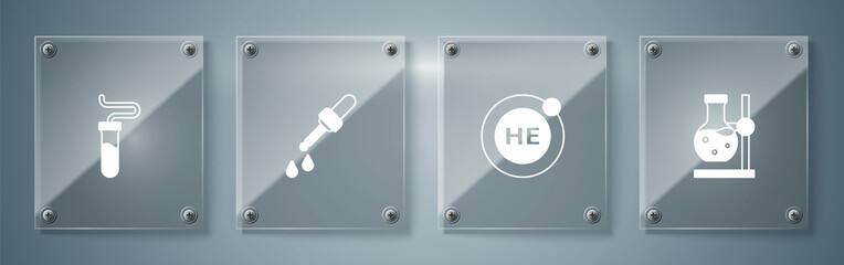 Set Test tube flask on stand, Helium, Pipette and . Square glass panels. Vector