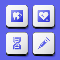 Set Dental clinic location, Heart rate, DNA symbol and Syringe icon. White square button. Vector