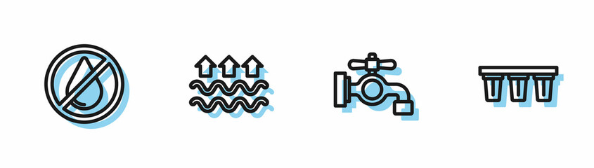 Set line Water tap, drop forbidden, Waves of water and evaporation and filter icon. Vector