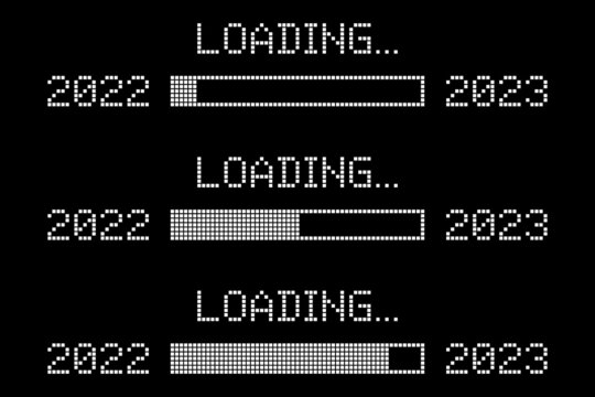 Set of Pixelated Progress Bar Showing Loading of 2023 year on Black Background. Pixel Loading Progress from 2022 to 2023 Year. Isolated Vector Illustration