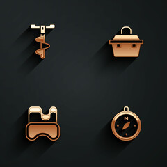Set Hand ice drill, Case or box for fishing equipment, Diving mask and Compass icon with long shadow. Vector