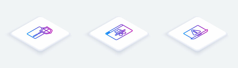 Set Isometric line Credit card with shield, Browser incognito window and Laptop exclamation mark. White square button. Vector