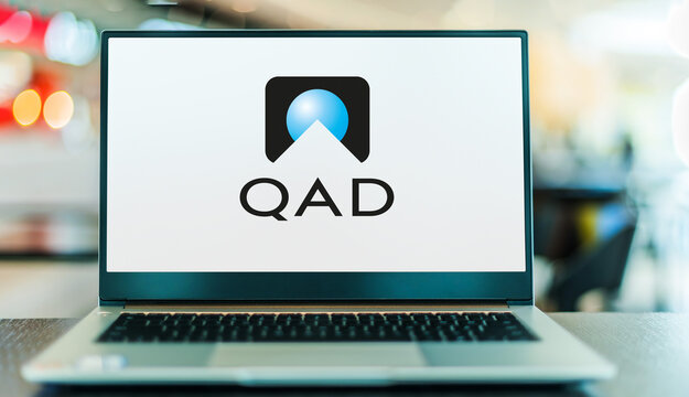 Laptop computer displaying logo of QAD Inc