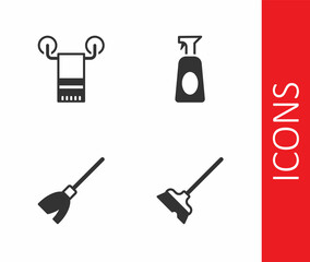 Set Mop, Towel on hanger, Handle broom and Cleaning spray with detergent icon. Vector
