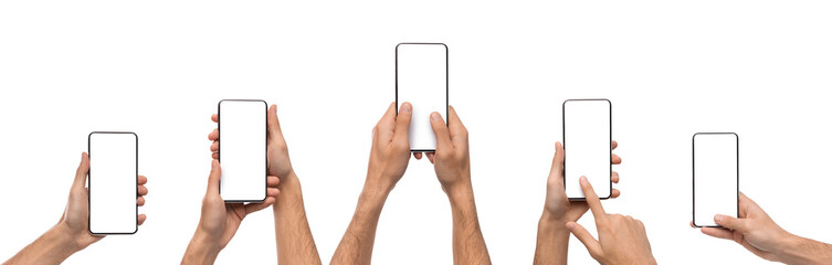 Male hands holding smartphone with blank screen in vertical orientation