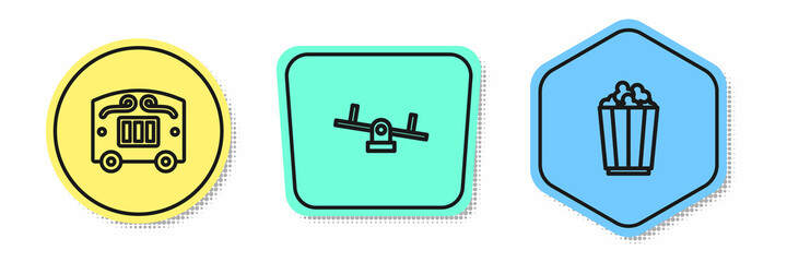 Set line Circus wagon, Seesaw and Popcorn in box. Colored shapes. Vector