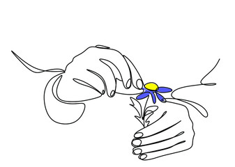 continuous drawing of the hands of a woman holding a daisy, guessing, loves, dislikes on a white background with colored spots in the boho style, valentine's day, the concept of the psychology of love