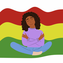Flag of Black History Month. Girl hugs herself. African woman healthcare skincare. Love yourself. Vector flat illustration