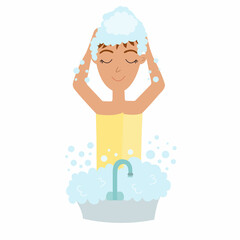 Young woman washes her head. Girl hygiene, health care. Beauty every day concept. Vector flat illustration.