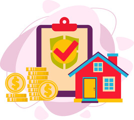 Safe house purchase ha money. The contract for the sale of the house is protected by the contract. Purchase of real estate. Vector illustration of a flat style.