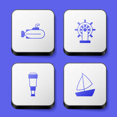 Set Submarine, Ship steering wheel, Spyglass telescope lens and Yacht sailboat icon. White square button. Vector