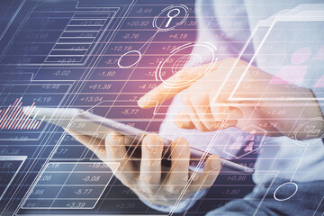 Multi exposure of man's hand holding and using a digital device and data theme drawing. Innovation concept.