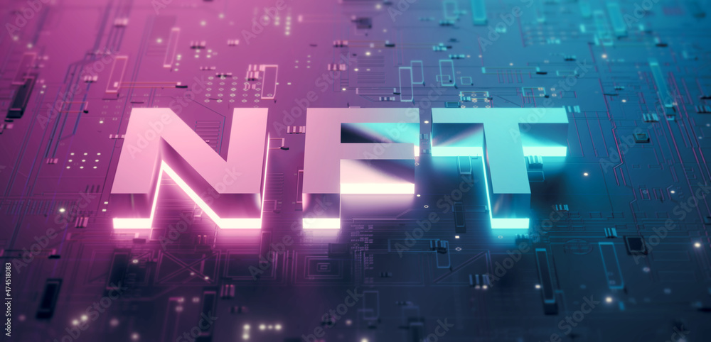 Poster 3d rendering of nft (non-fungible-token) neon glow text on computer mainboard circuit background. co