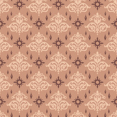 Background pattern with floral elements on brown background in vintage style. Fabric texture swatch, seamless wallpaper. Vector illustration