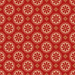 Abstract backgrounds pattern with decorative elements on a red background. Seamless fabric texture, wallpaper. Flat design. Vector illustration