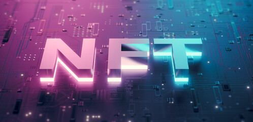 3D Rendering of NFT (Non-Fungible-Token) neon glow text on computer mainboard circuit background. Concept of NFT becomes more popular and well known. Product from crypto currency technology - obrazy, fototapety, plakaty