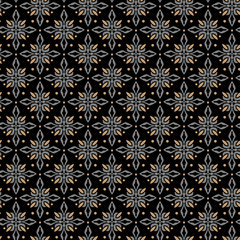 Abstract background pattern with decorative elements on black background. Seamless fabric texture, wallpaper. Flat design. Vector illustration