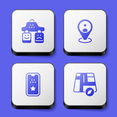 Set Taxi service rating, client, mobile app and Location taxi car icon. White square button. Vector