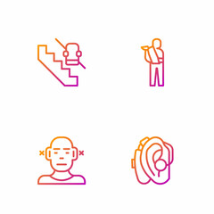 Set line Hearing aid, Deaf, Disabled elevator and Human broken arm. Gradient color icons. Vector