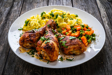 Barbecue chicken drumsticks with potato puree, grean peas and carrot on wooden table
