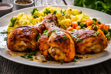 Barbecue chicken drumsticks with potato puree, grean peas and carrot on wooden table
