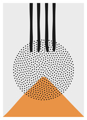 Contemporary poster with triangle mountain, ink lines, round sun shape, dots texture. Vector illustration. Modern minimalist art with geometric forms. Abstract nature balance, egyptian pyramids