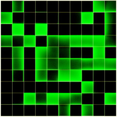 Glowing neon green and black square blocks abstract background. Non-ai generated original digital artwork.