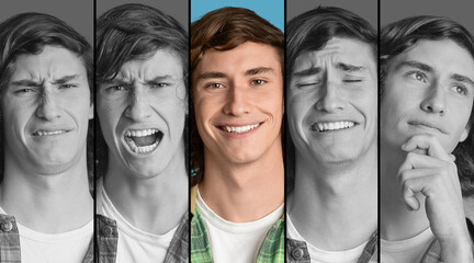 Mood changing concept. Portrait of young man showing happiness, anger, pensive emotions, collage