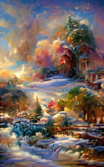 Bright colorful magic Landscape drawing. Modern impressionism painting contemporary art. Beautiful scenery nature. Surreal abstraction in oil and pastel mixed. Wall art print, poster, canvas artwork