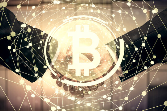 Double exposure of blockchain hologram and handshake of two men. Crypto business concept.