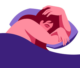 vector flat design illustration of a girl sweetly sleeping in bed with her hair scattered on the pillow in pastel colors on a white background.useful for advertising bed linen, pillows, sleeping pills