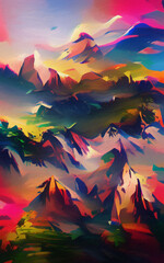 Bright colorful magic Landscape drawing. Modern impressionism painting contemporary art. Beautiful scenery nature. Surreal abstraction in oil and pastel mixed. Wall art print, poster, canvas artwork