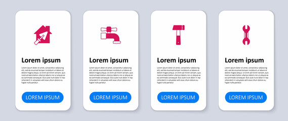 Set Wrench spanner, Hammer, Water tap and House with trowel. Business infographic template. Vector