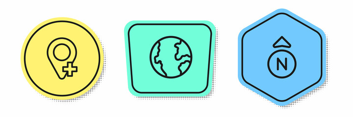 Set line Location, Earth globe and Compass. Colored shapes. Vector
