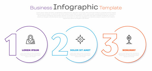 Set line Folded map with location marker, Wind rose and Speed limit traffic. Business infographic template. Vector