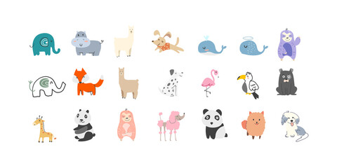 Collection of Cute Animals hand drawn style. Lovely wild animal dog, elephant, giraffe, panda and colorful kawaii wildlife elements