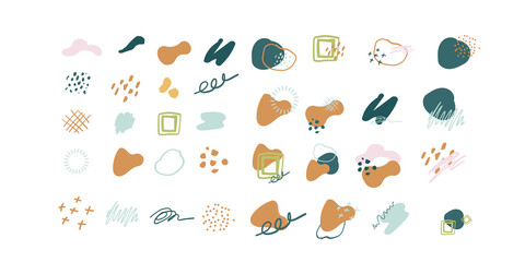 Abstract brush strokes and organic shape. Set of cute hand drawn design elements, organic shapes for kawaii poster or banner. Abstract Backgrounds