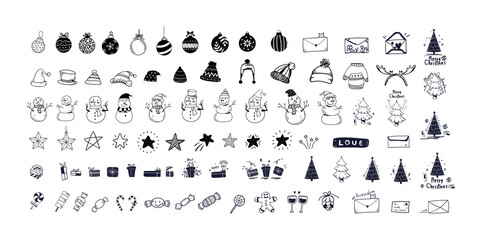 Christmas decoration set. Stars, balls, snowflakes, tree, snowman, gift boxes and cute elements. Hand drawn illustration