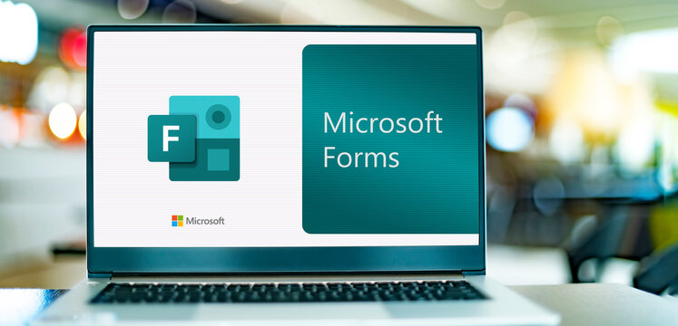 Laptop computer displaying logo of Microsoft Forms