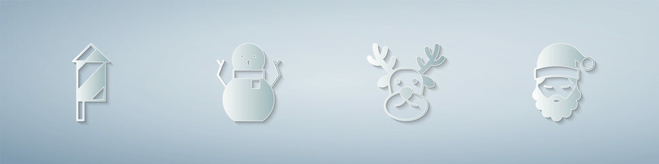 Set Firework rocket, Christmas snowman, Reindeer and Santa Claus hat and beard. Paper art style. Vector