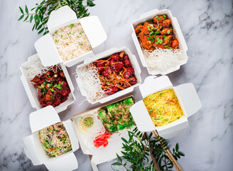 set of Chinese noodles in boxes top view